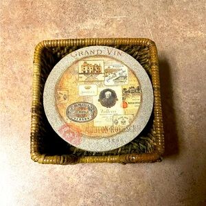 Nostalgic Wine Labels Coaster (Set of 4) with wicker basket holder